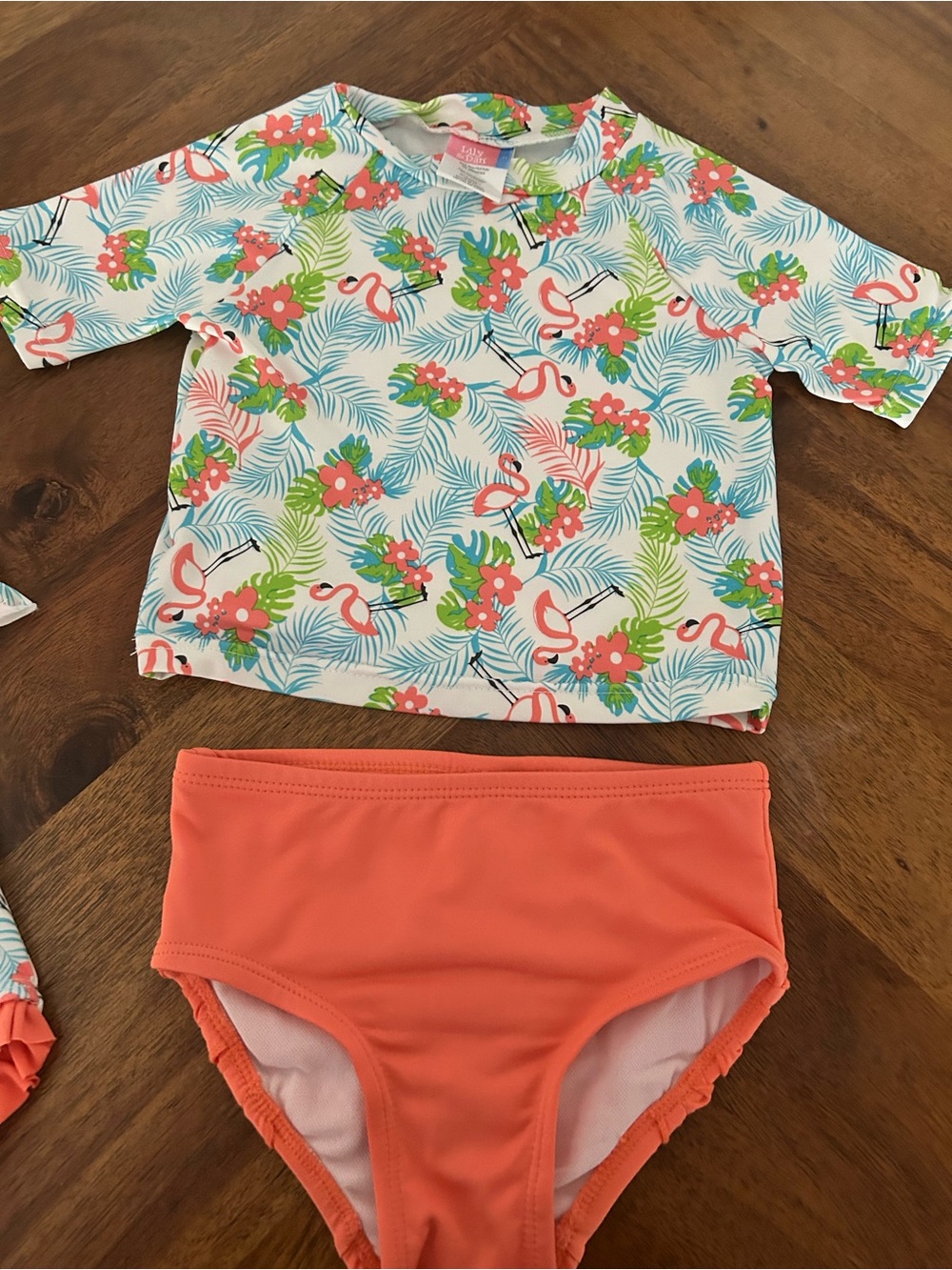 Lily Kids White Floral Flamingo Rashguard with Coral Bottoms